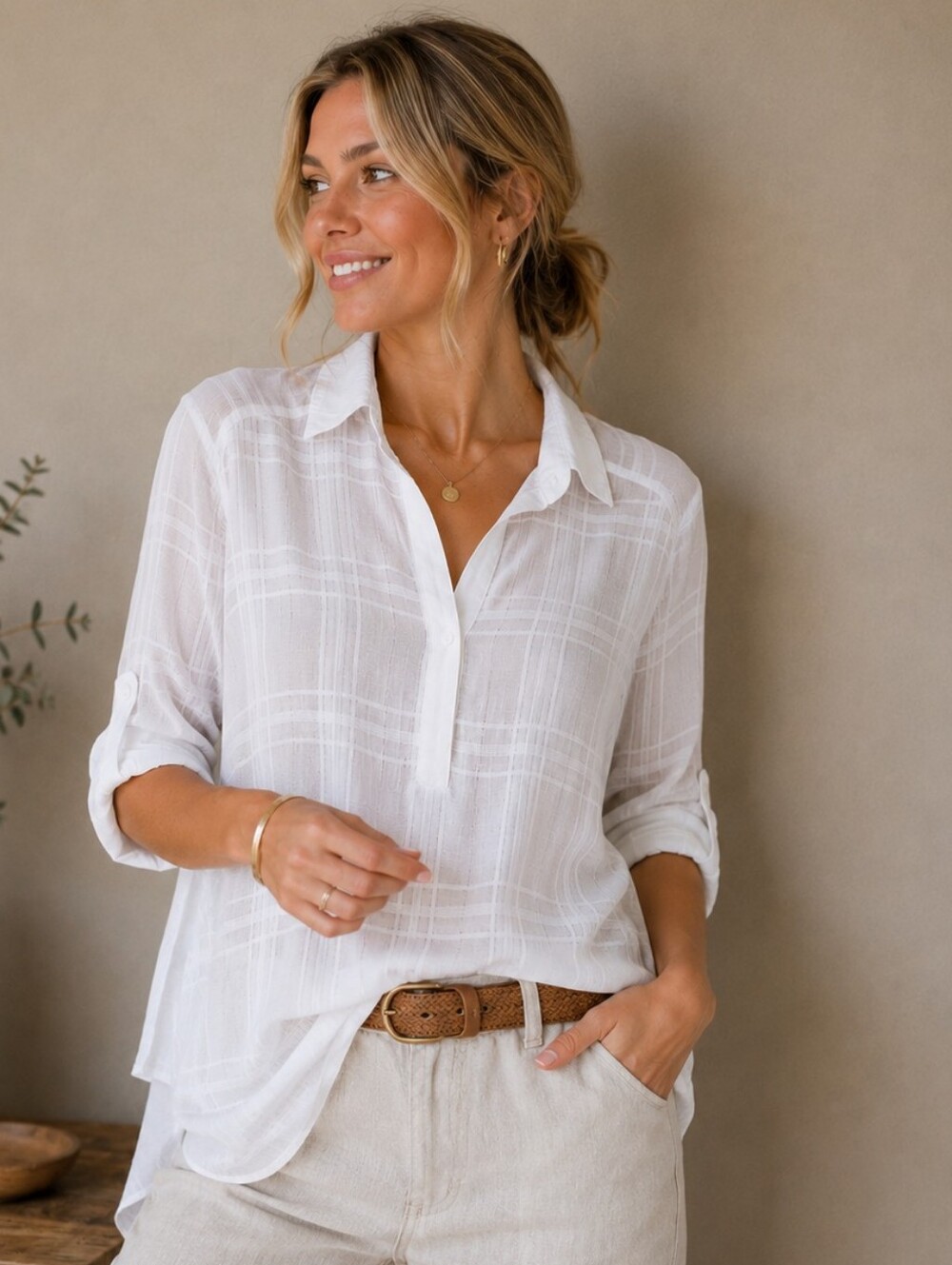 Black Tape_ | White Semi-Sheer Plaid-Textured Button-Down Blouse, Size S